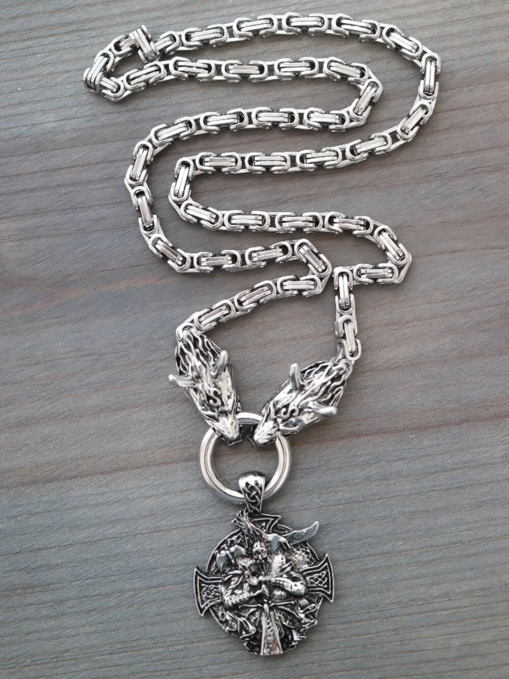 King Nordic Viking with Wolf Byzantine Chain Necklace Silver Stainless Steel